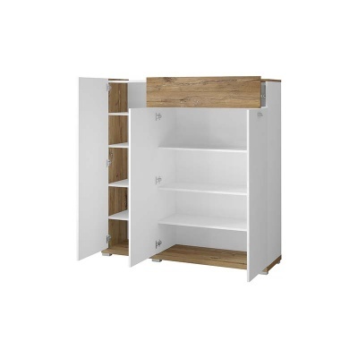 Armário branco e madeira carvalho com portas e gavetão, em fundo branco e chão cinzento