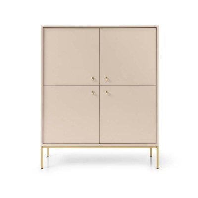 Móvel de arrumação bege com quatro portas e pés dourados
