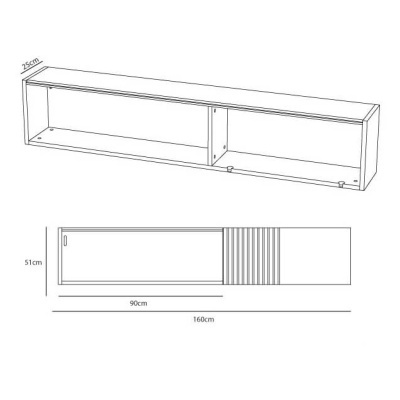 Estante suspensa retangular com duas divisórias e porta, mostrando medidas técnicas em centímetros.