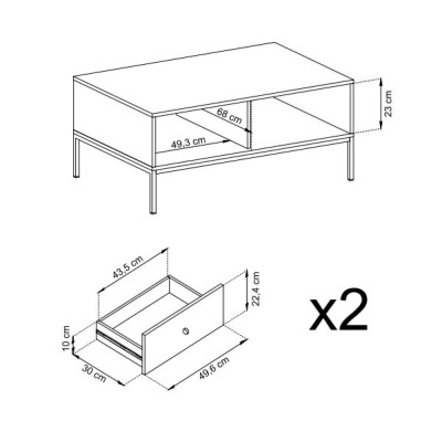 Desenho técnico de mesa baixa e duas gavetas com dimensões em centímetros.