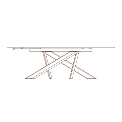 Mesa de jantar retangular branca com pernas cruzadas em madeira clara