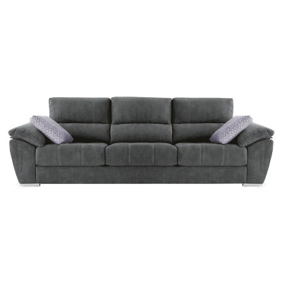 Sofá cinzento escuro em tecido com almofadas lilás