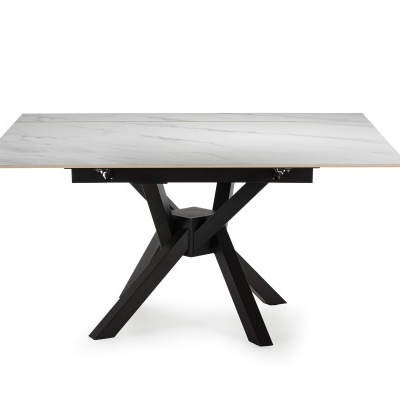Mesa de jantar com tampo mármore e base preta geométrica