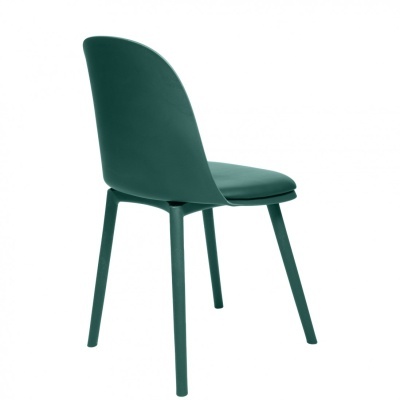 Cadeira verde escura estofada com pernas metálicas verdes