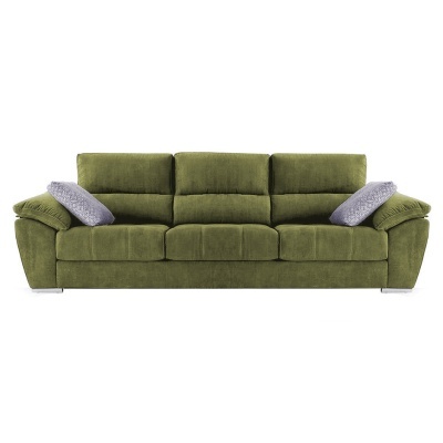 Sofá verde de três lugares com duas almofadas cinzentas