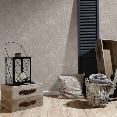 Cenário interior com caixas de madeira, lanterna preta, almofada, cesta com manta e decoração rústica