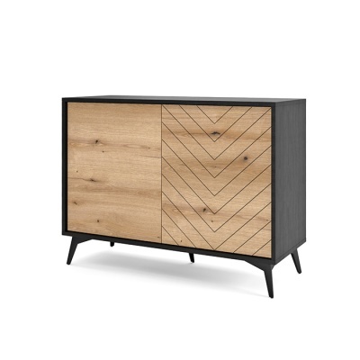 Cómoda preta com portas em madeira clara e padrão geométrico