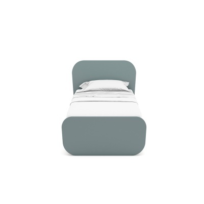 cama individual azul claro com roupa de cama branca