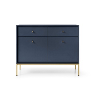 Móvel de arrumação azul escuro com puxadores metálicos e suporte dourado