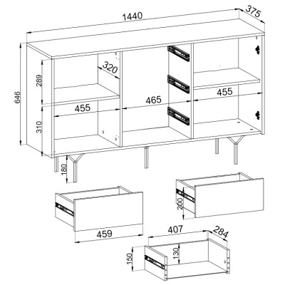 Desenho técnico de móvel de madeira com três gavetas e pernas metálicas, dimensões em milímetros.