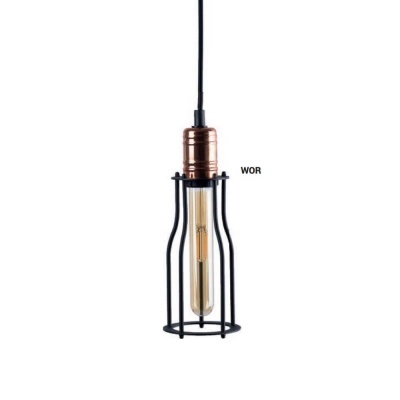 Lâmpada pendente com suporte em cobre e estrutura metálica preta