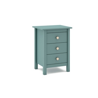 Mesa de cabeceira azul com três gavetas e puxadores redondos