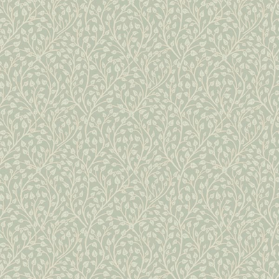 Papel de parede com padrão de folhas verdes sobre fundo bege.