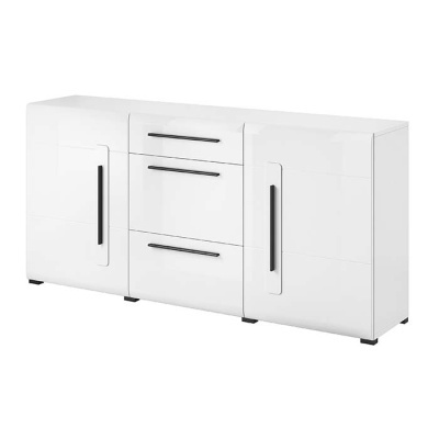 Móvel branco lacado com gavetas e portas, puxadores pretos, sobre fundo branco