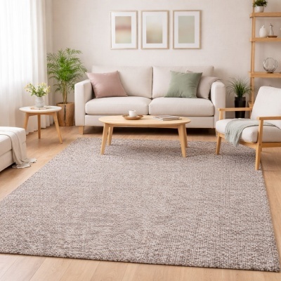 Sala de estar com sofá bege claro, mesa de centro em madeira clara e tapete cinza