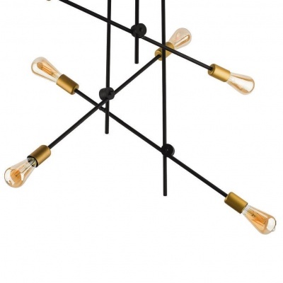 Candeeiro de teto em metal preto com suportes dourados e cinco lâmpadas de filamento