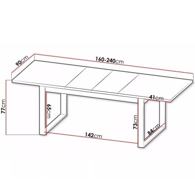 Desenho técnico de mesa extensível com medidas em centímetros.