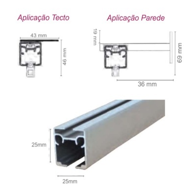 Perfil de alumínio com desenhos técnicos e medidas para aplicações no teto e parede.
