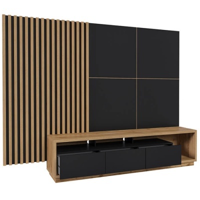 Móvel de TV com painéis decorativos em madeira clara e preta