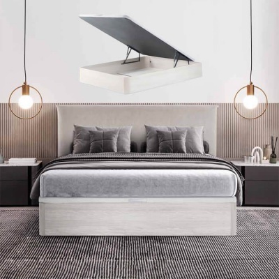 Cama de casal com baú aberto e cabeceira estofada em quarto moderno
