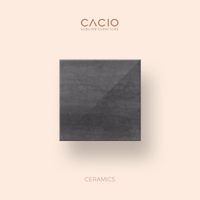 Logótipo CACIO SUBLIME FURNITURE com quadrado cinzento cerâmico e texto CERAMICS num fundo bege