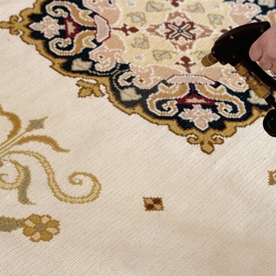 Tapete clássico bege com padrões florais e geométricos e mão segurando dispositivo preto.