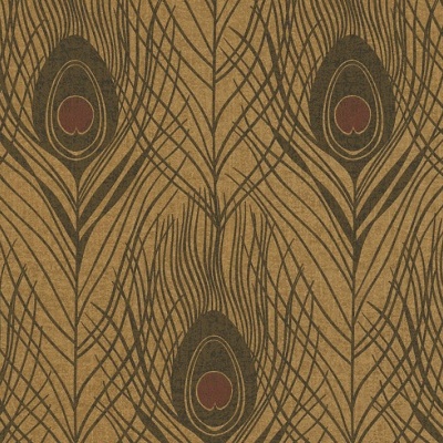 Pano com padrão de penas de pavão em castanho, bege, preto e vermelho