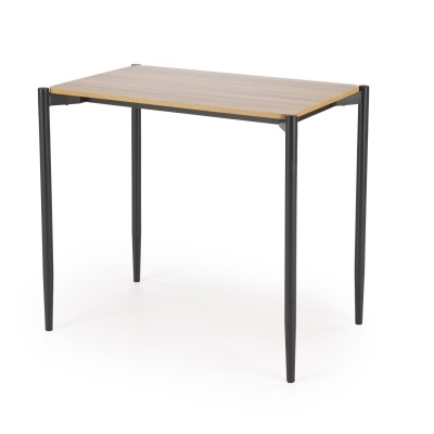 Mesa retangular com tampo de madeira clara e pernas pretas.