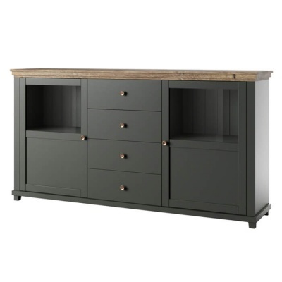Aparador de madeira cinza com tampo natural e gavetas com puxadores metálicos