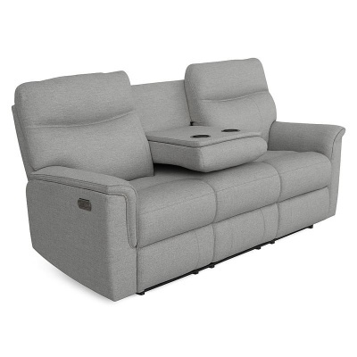 Sofá reclinável cinzento claro com apoio de braços e porta-copos