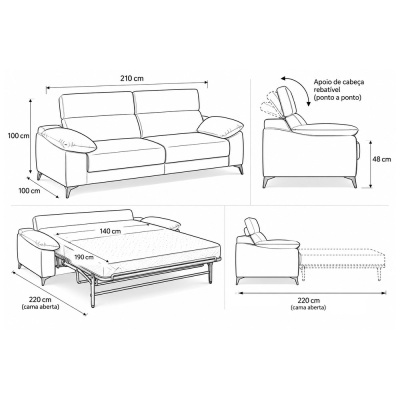 Desenho técnico de sofá-cama com medidas e apoios de cabeça rebatíveis.