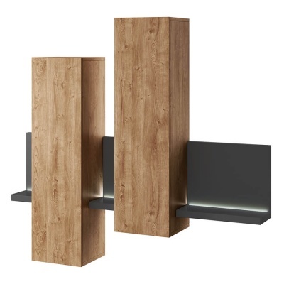 Móveis de parede em madeira clara e cinza escuro com colunas verticais e prateleiras horizontais