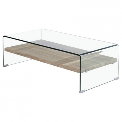 Mesa de centro com estrutura de vidro e prateleira de madeira