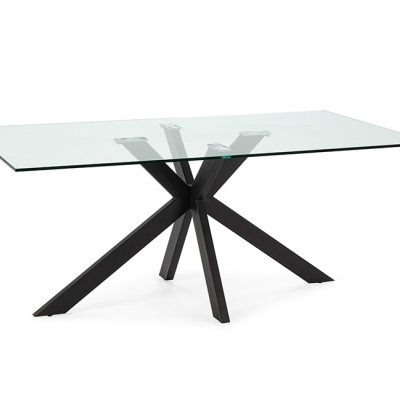 Mesa de jantar com tampo de vidro e base de metal preta