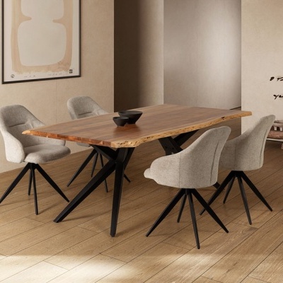 Conjunto de mesa de jantar em madeira com cadeiras estofadas cinza