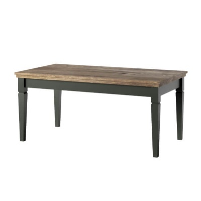 Mesa de jantar retangular com tampo castanho e pernas cinza escuro