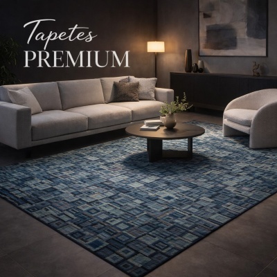 Tapete azul com padrão geométrico numa sala moderna com sofá cinza, poltrona branca e mesa de centro redonda.