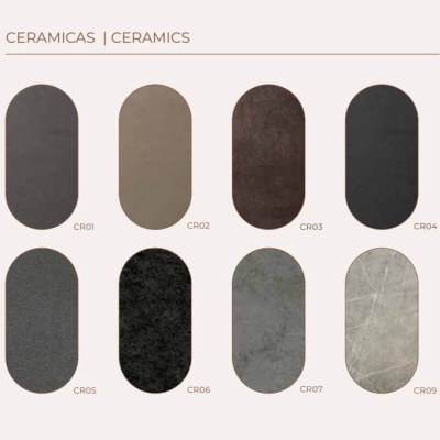 Amostras de cerâmicas em diferentes cores e texturas com códigos de identificação.