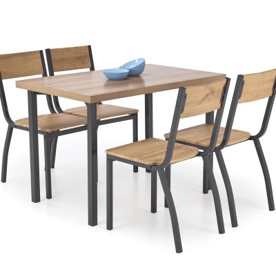 Conjunto de mesa retangular e quatro cadeiras em madeira clara e estrutura preta com três tigelas azuis na mesa