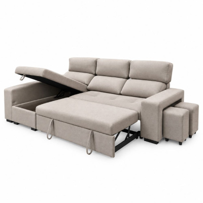 Sofá-cama modular bege com chaise-longue e dois pufes
