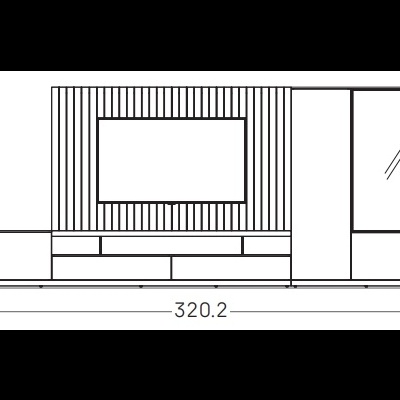 Móvel de sala de estar branco com gavetas, painel para TV com frisos verticais, armário alto e porta de vidro espelhado com medidas em cm