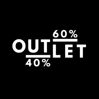 Texto branco 'OUTLET' com percentagens '60%' e '40%' em fundo preto