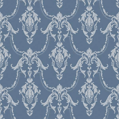 Papel de parede azul com padrão ornamental branco
