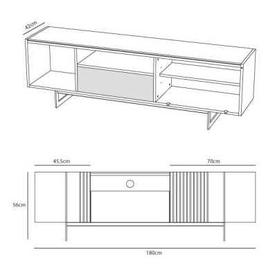 Desenho técnico de móvel de apoio em madeira com gaveta central, portas com padrão de linhas verticais e prateleiras, suportado por estrutura metálica com pernas triangulares.