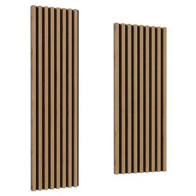 Painéis verticais em madeira clara com ranhuras pretas espaçadas