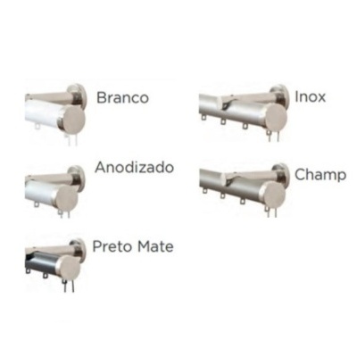 Cinco barras de cortina em acabamentos variados com suportes metálicos arredondados fixados na parede