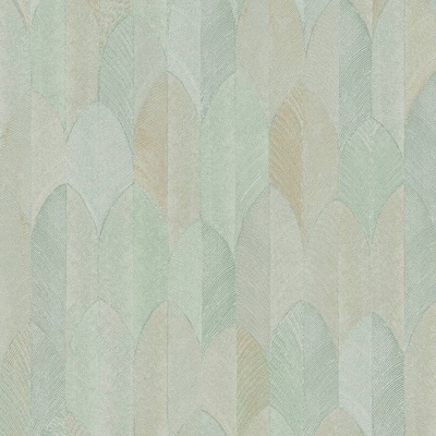 Papel de parede com padrão de folhas ou penas em tons verde e bege