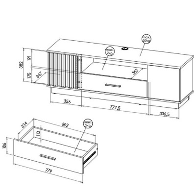 Desenho técnico de móvel de TV com dimensões e capacidades máximas indicadas