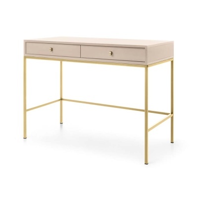 Secretária bege com estrutura metálica dourada e dois gavetões.
