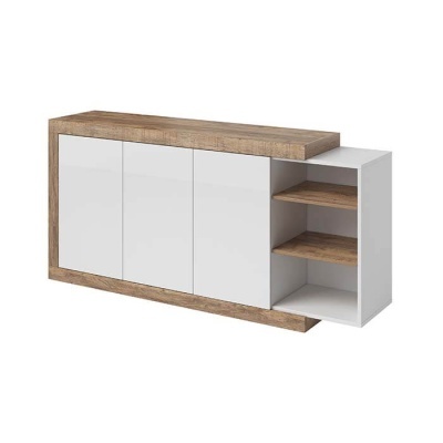 Móvel de apoio branco com madeira clara e prateleiras laterais abertas